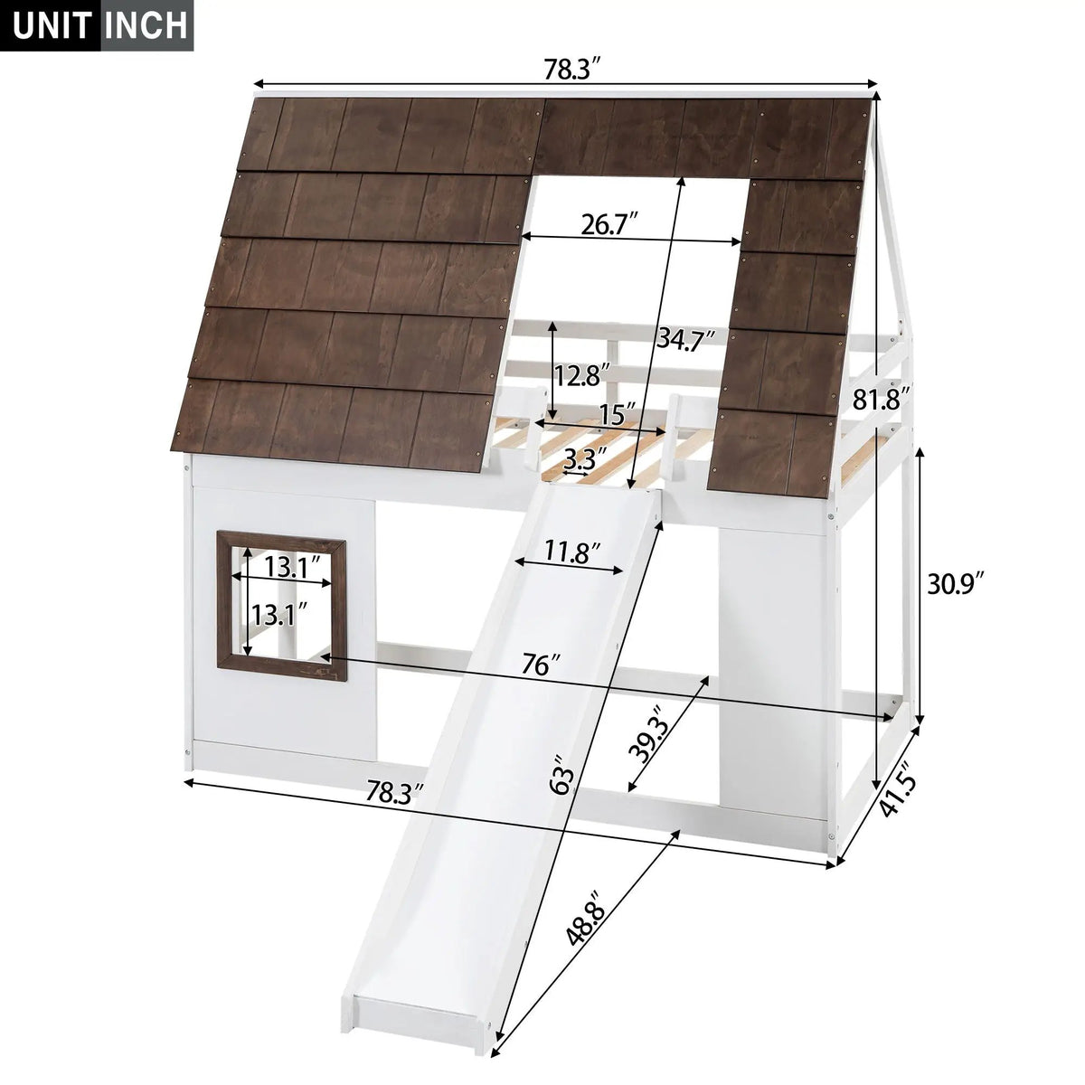 House Bunk Bed | Twin Size Solid Pine | Built In Slide | White Brown