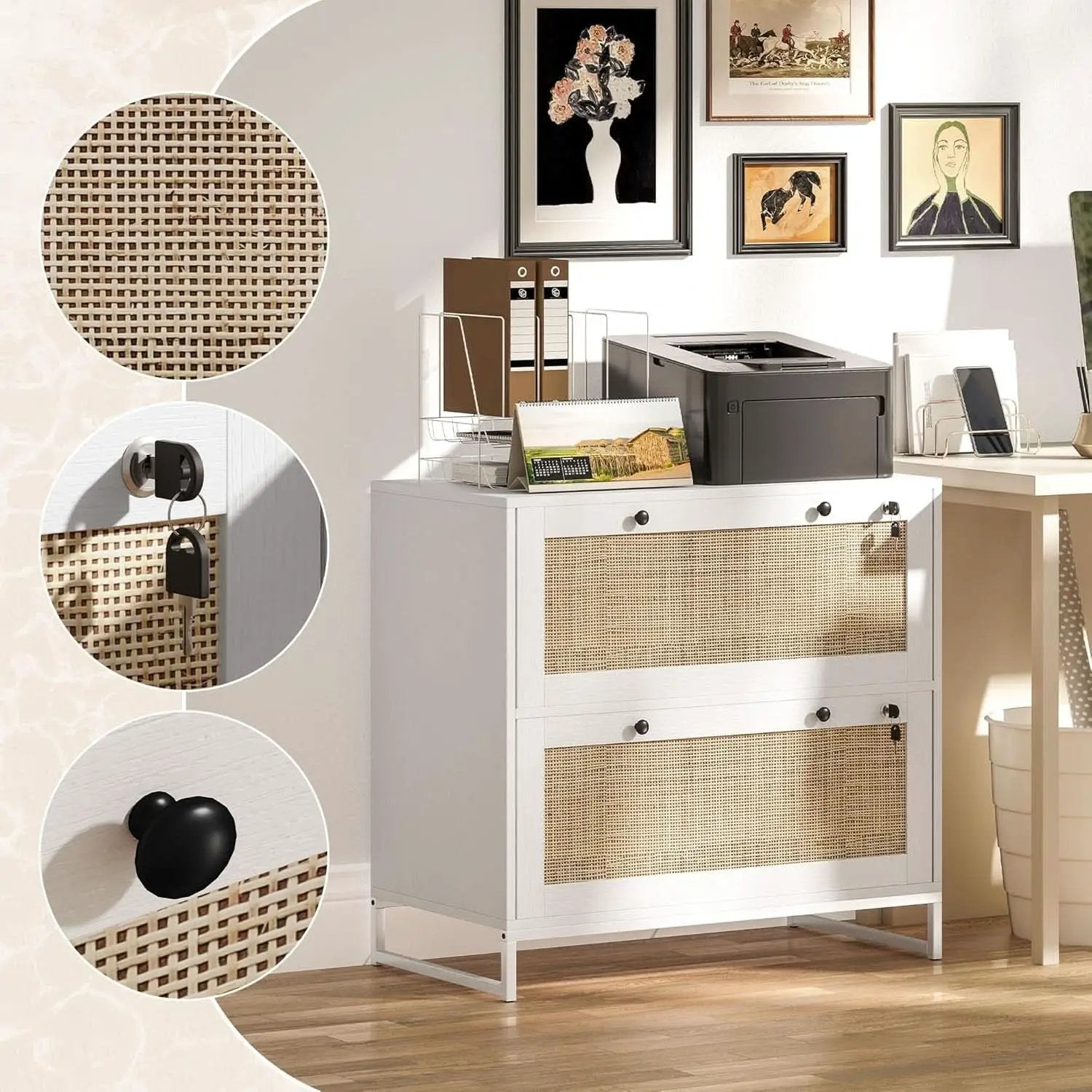 White Rattan 2 Drawer Locking Lateral File Cabinet from PriceLows™