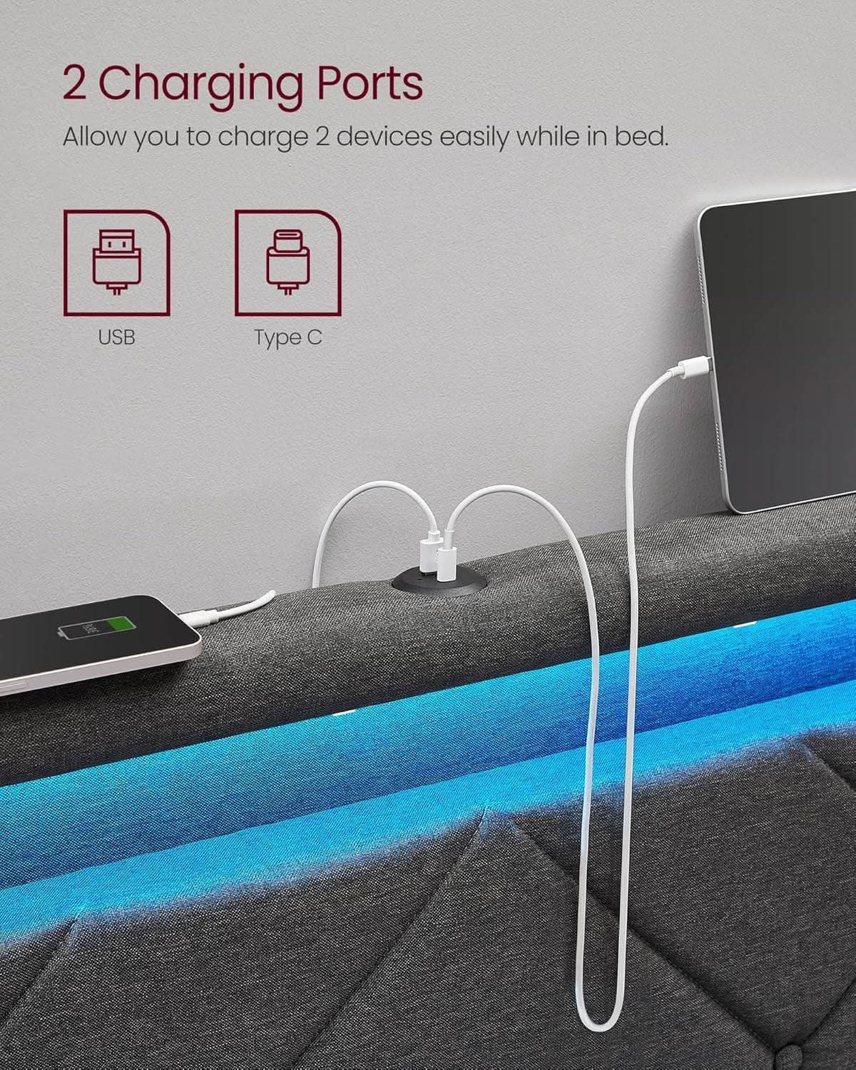 Illuminated Full Size Bed Frame With USB C Ports Headboard from PriceLows™
