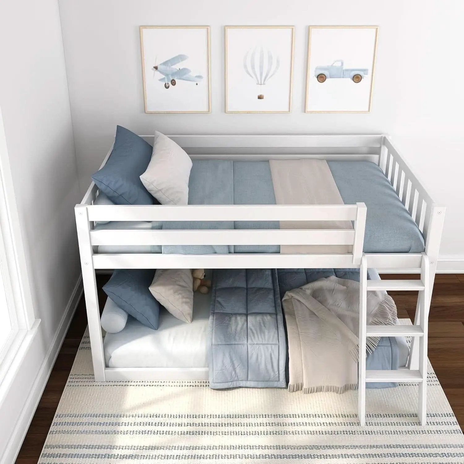 White Twin Low Bunk Bed Solid Wood Frame For Kids Safe from PriceLows™