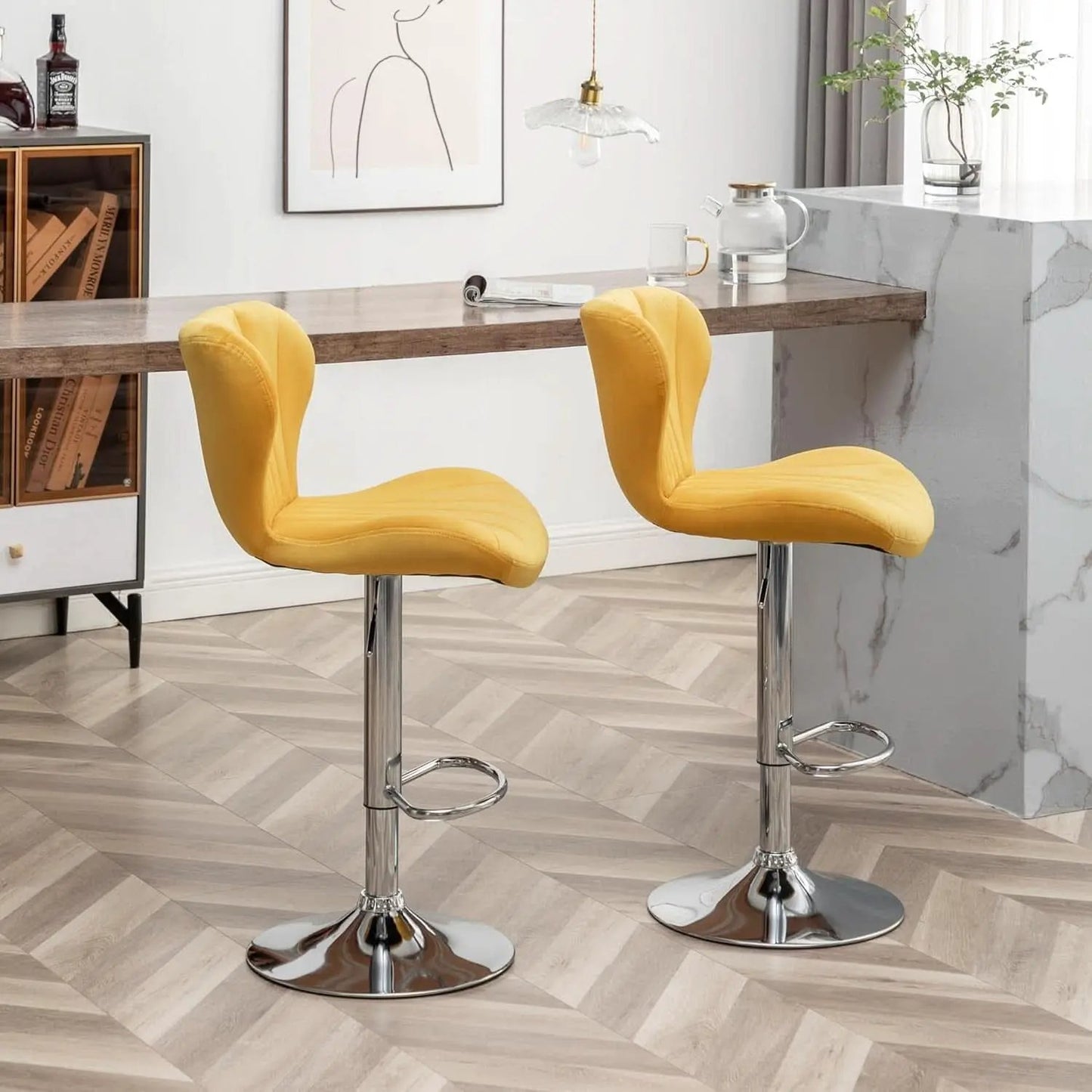 Yellow Adjustable Swivel Bar Stools Set Of 2 For Kitchen from PriceLows™