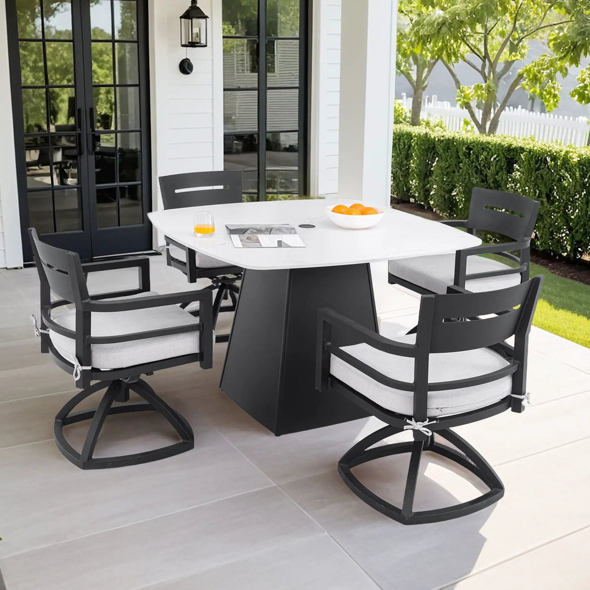 Outdoor Patio Dining Set | Squircle Sintered Stone Table | Sunbrella Cushion Chairs | Rust-Free Aluminum Frame