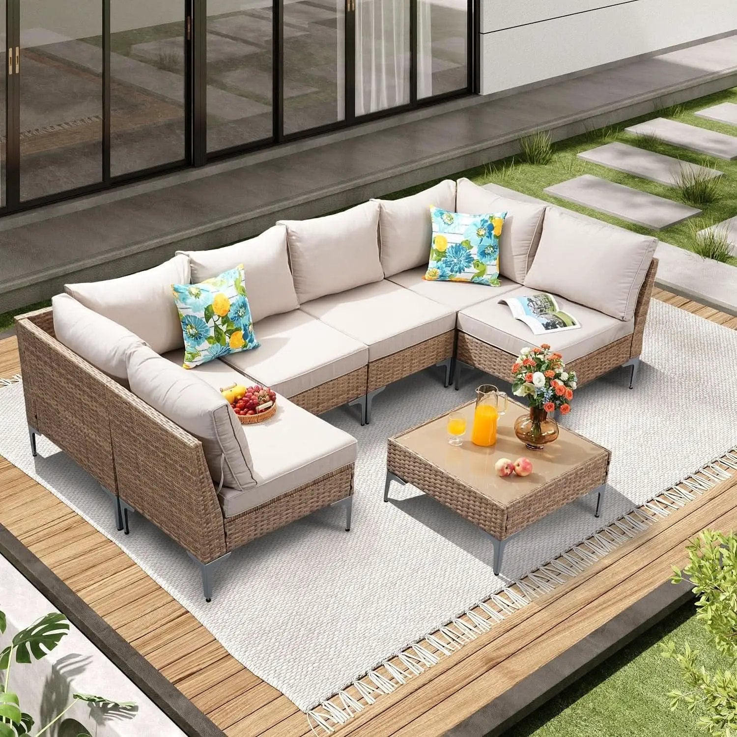 Seven Piece Wicker Patio Furniture Set with Cushions from PriceLows™