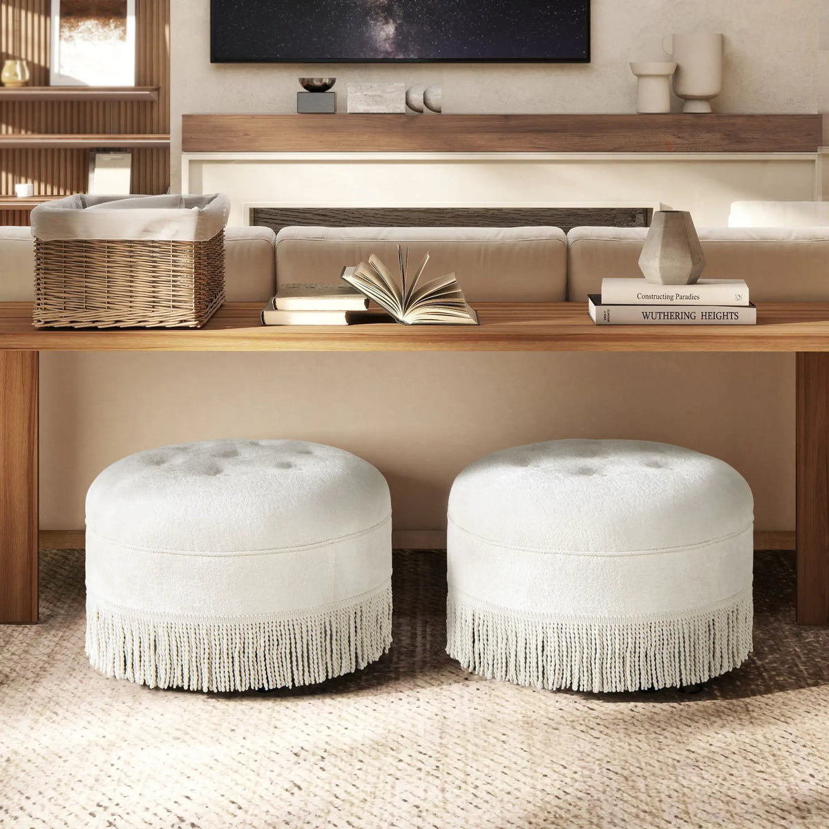 Yolanda Round Accent Ottoman | Almond White | Handcrafted Quality | Kiln-Dried Hardwood Frame