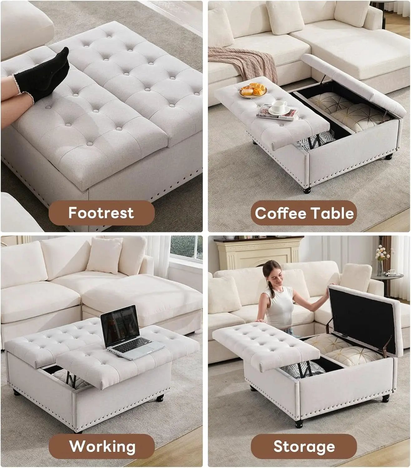Beige Oversized Storage Ottoman Featuring Lift Top from PriceLows™