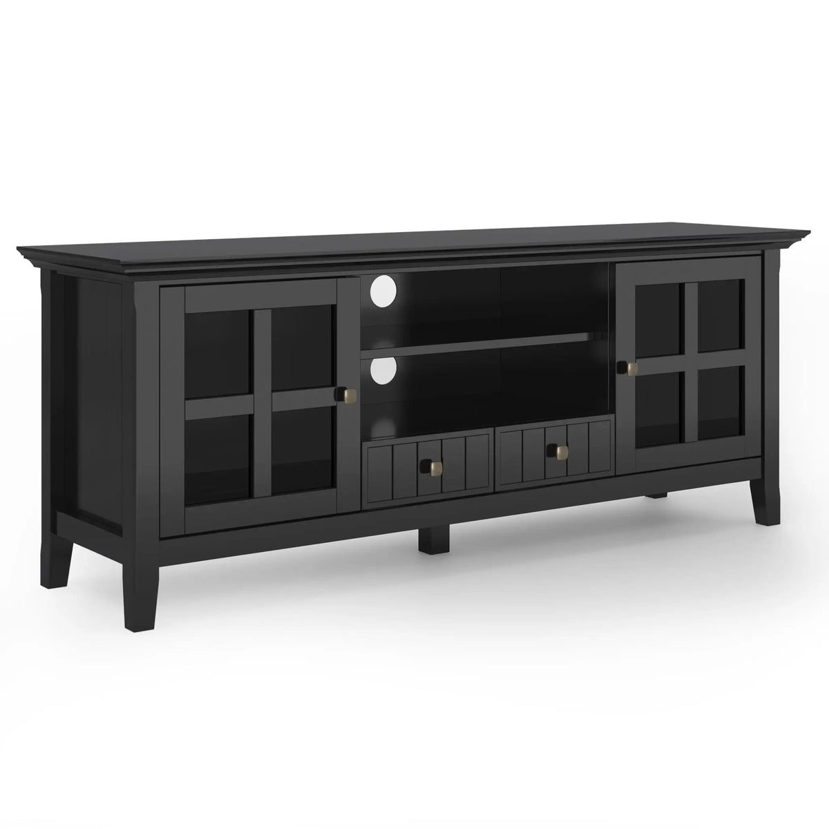 Acadian TV Media Stand | Handcrafted Solid Wood | 2 Bottom Drawers | Tempered Glass Side Cabinets