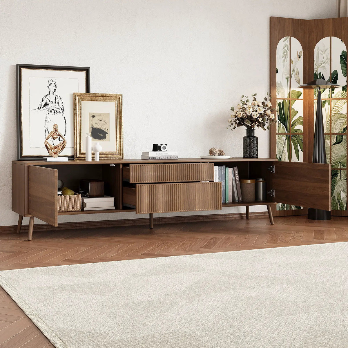 TV Stand | Fluted Cabinet | Soft Close Hinges | Walnut Finish