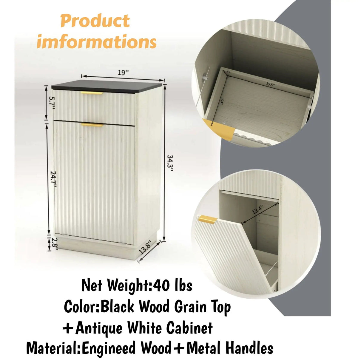 Tilt Out Trash Can Cabinet | Wave Textured Drawer | Pull Out Bin | Dual-Zone Waste Control