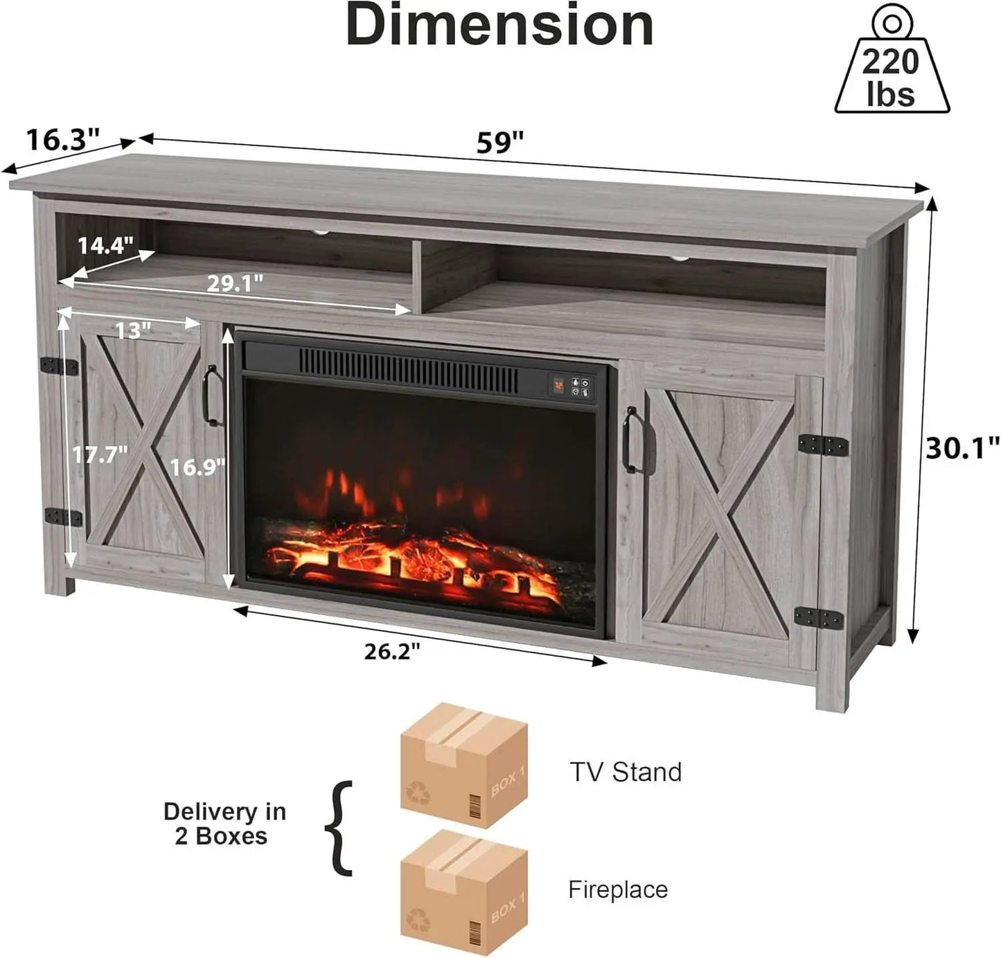 Rustic Fireplace TV Stand 65 Inch with Barn Doors Grey Wash from PriceLows™