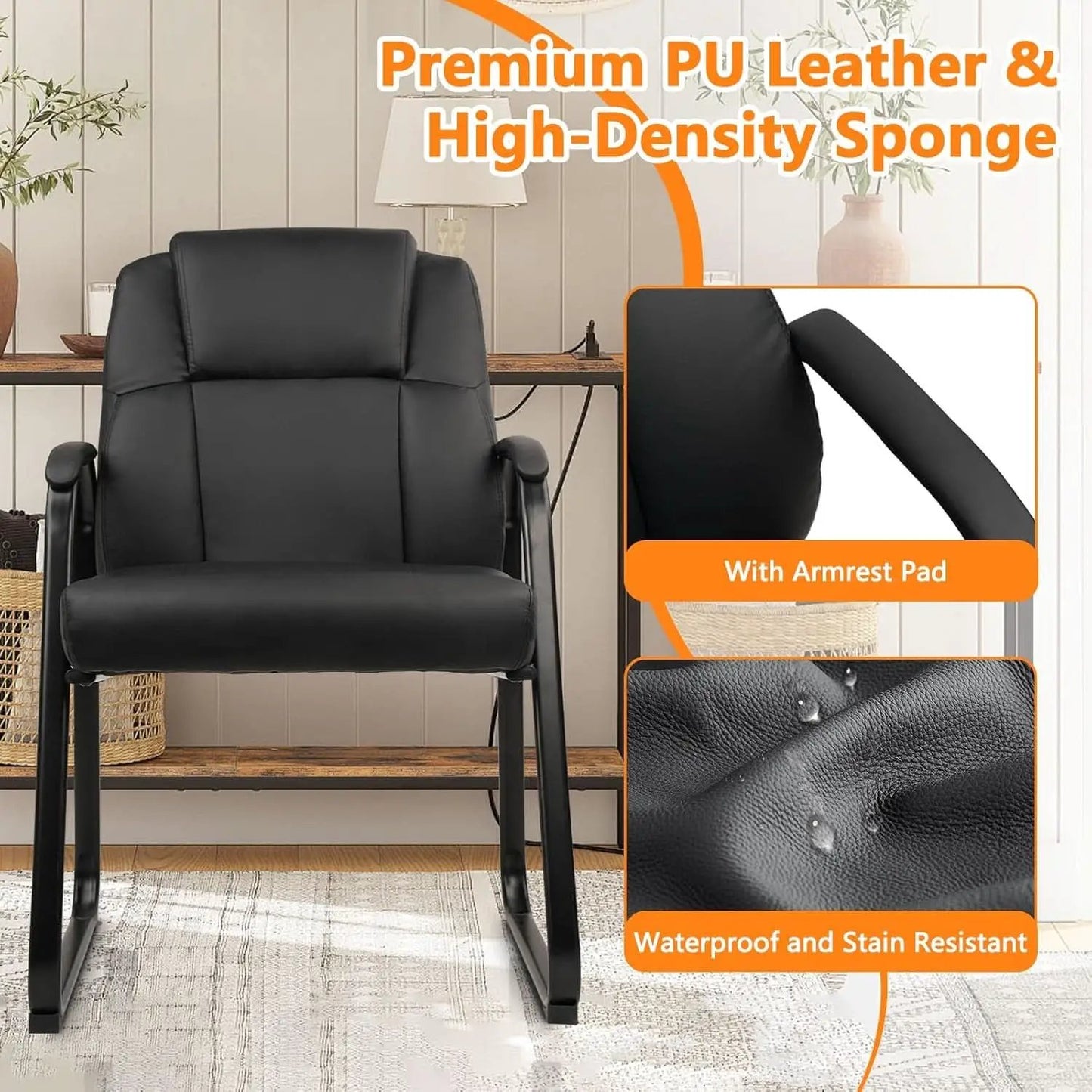 Black Leather Guest Chair 2 Pack With Padded Armrests from PriceLows™