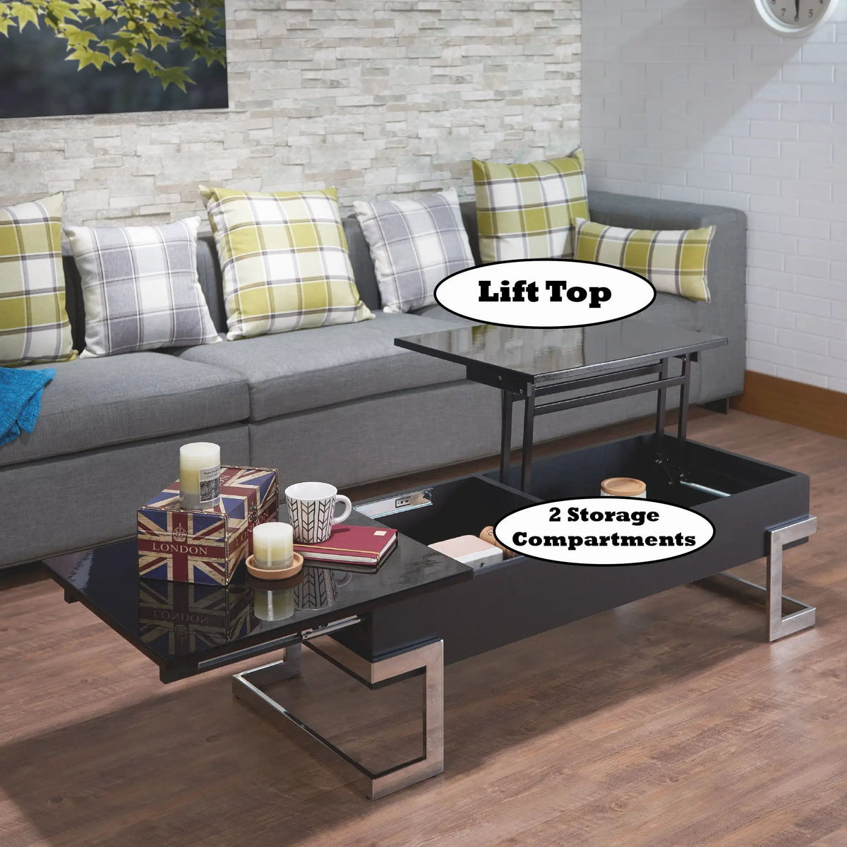 Calmam Lift Top Coffee Table | High Gloss Finish | 47 Inch Width | Geometric Metal Base