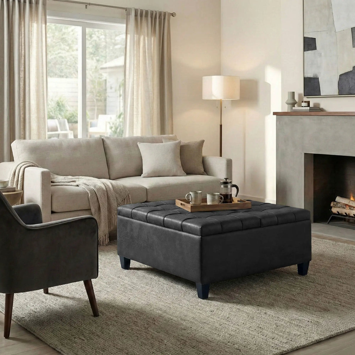 Coffee Table Storage Ottoman | Lift Top Hinge | Solid Wood Base | Large Square