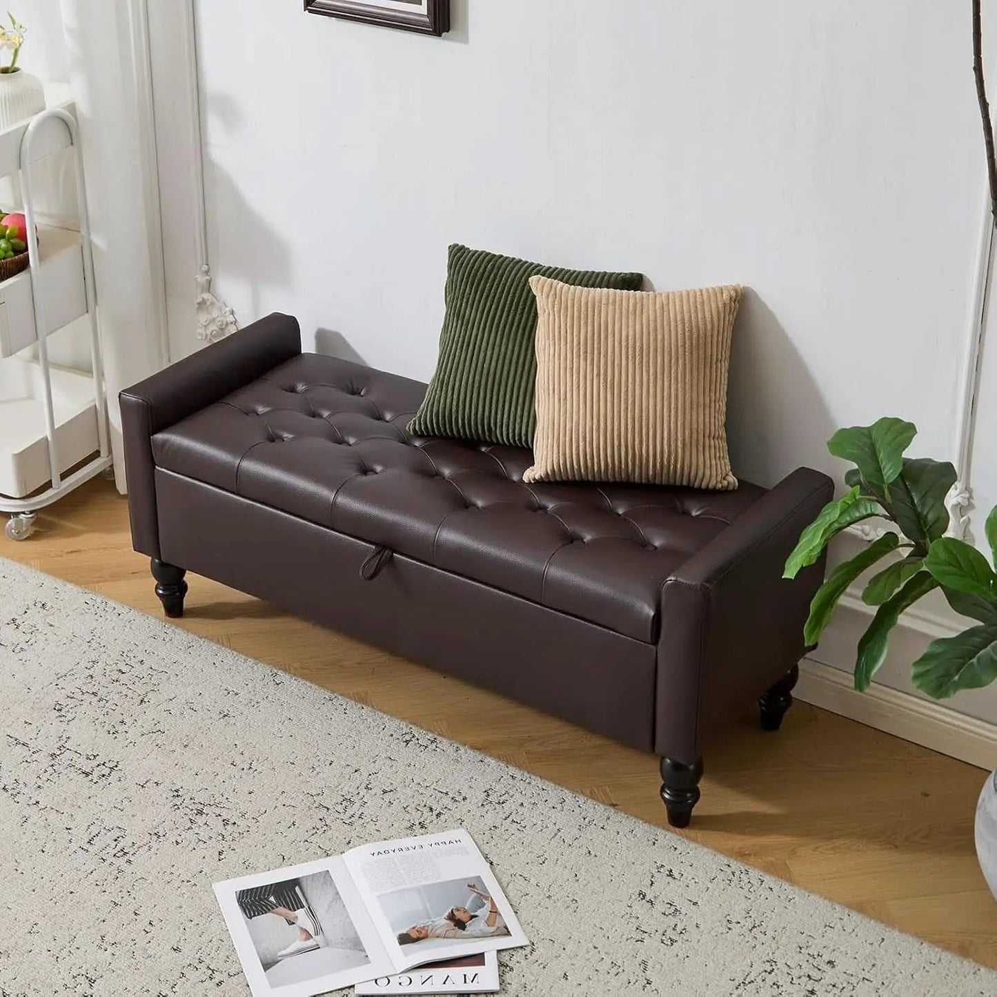 Brown Genuine Leather Storage Ottoman Bench Bedside from PriceLows™