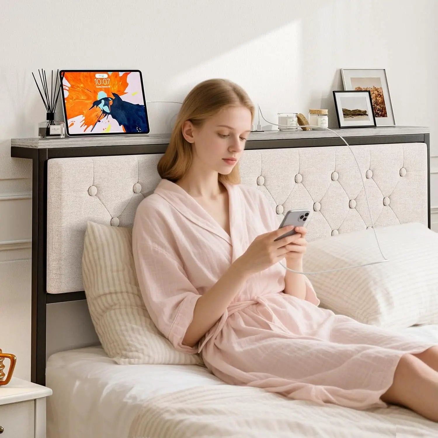 Queen Size Upholstered Headboard with Storage and Charging from PriceLows™