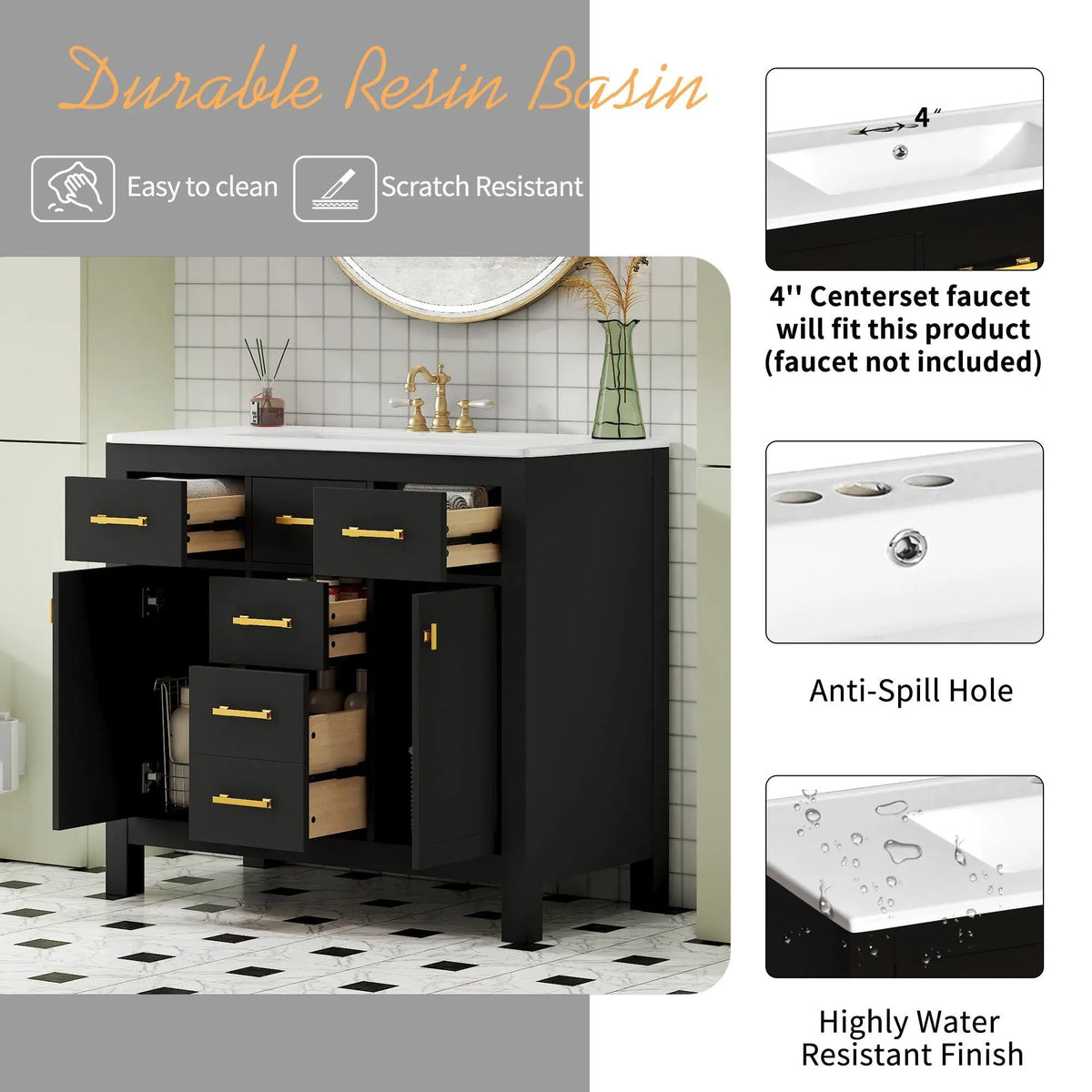 36 Inch Bathroom Vanity | Resin Sink Combo Set | 4 Drawers | Solid Wood Feet