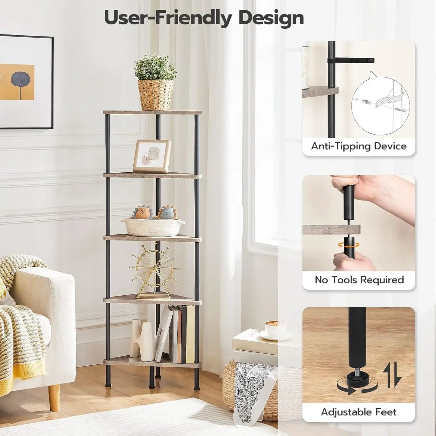Industrial 5 Tier Corner Shelf Stand With Metal Frame from PriceLows™
