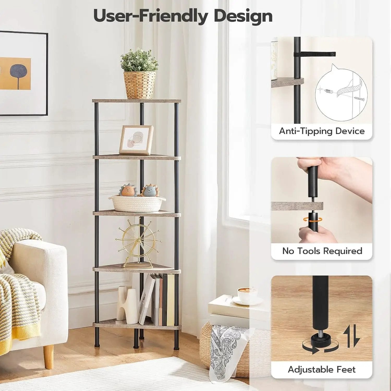 Industrial 5 Tier Corner Shelf Stand With Metal Frame from PriceLows™