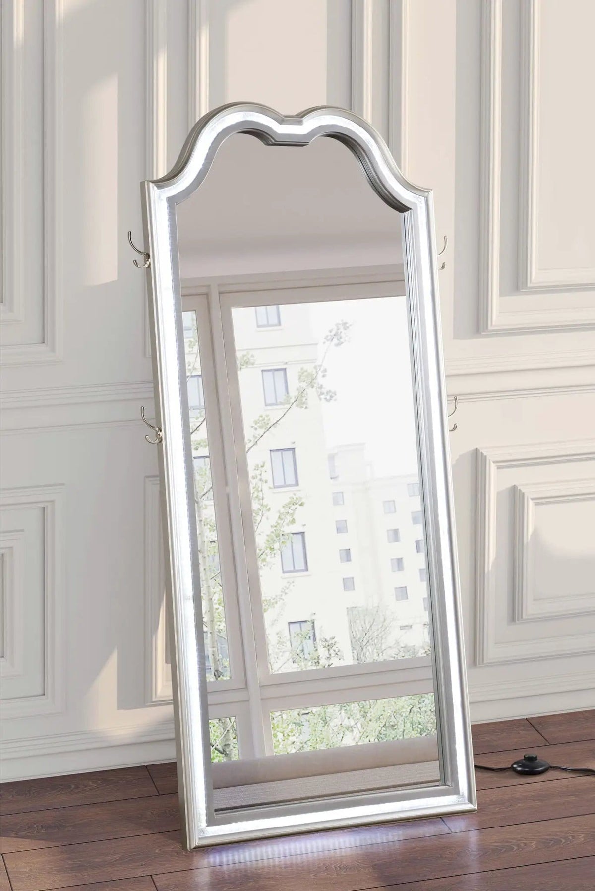 Evangeline Full Length LED Light Floor Mirror Silver | 35.75 x 2 x 80 in | Glass | Oak