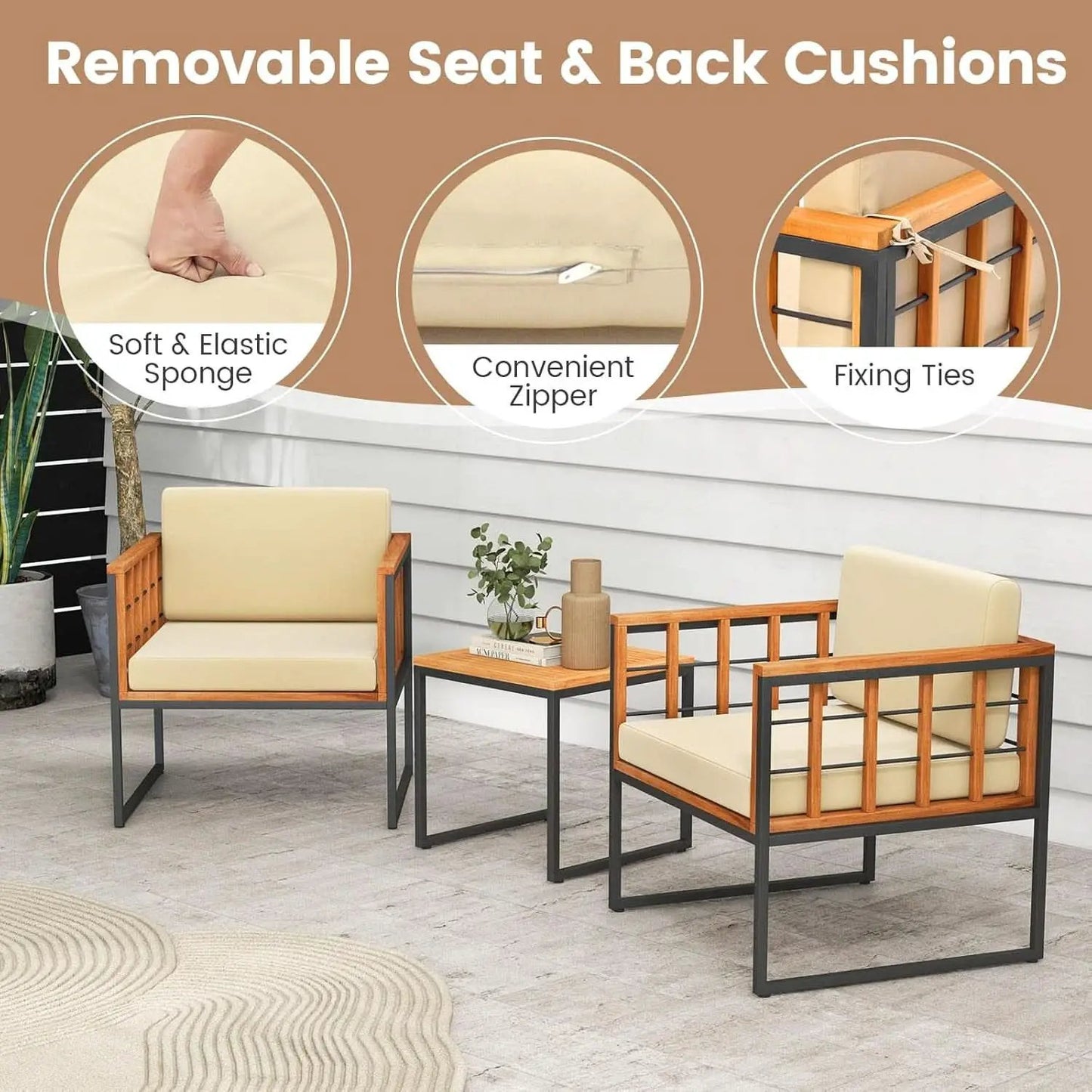 Three Piece Acacia Wood Patio Chair Set With Cushioned Seats For Balcony Porch And Backyard Beige from PriceLows™