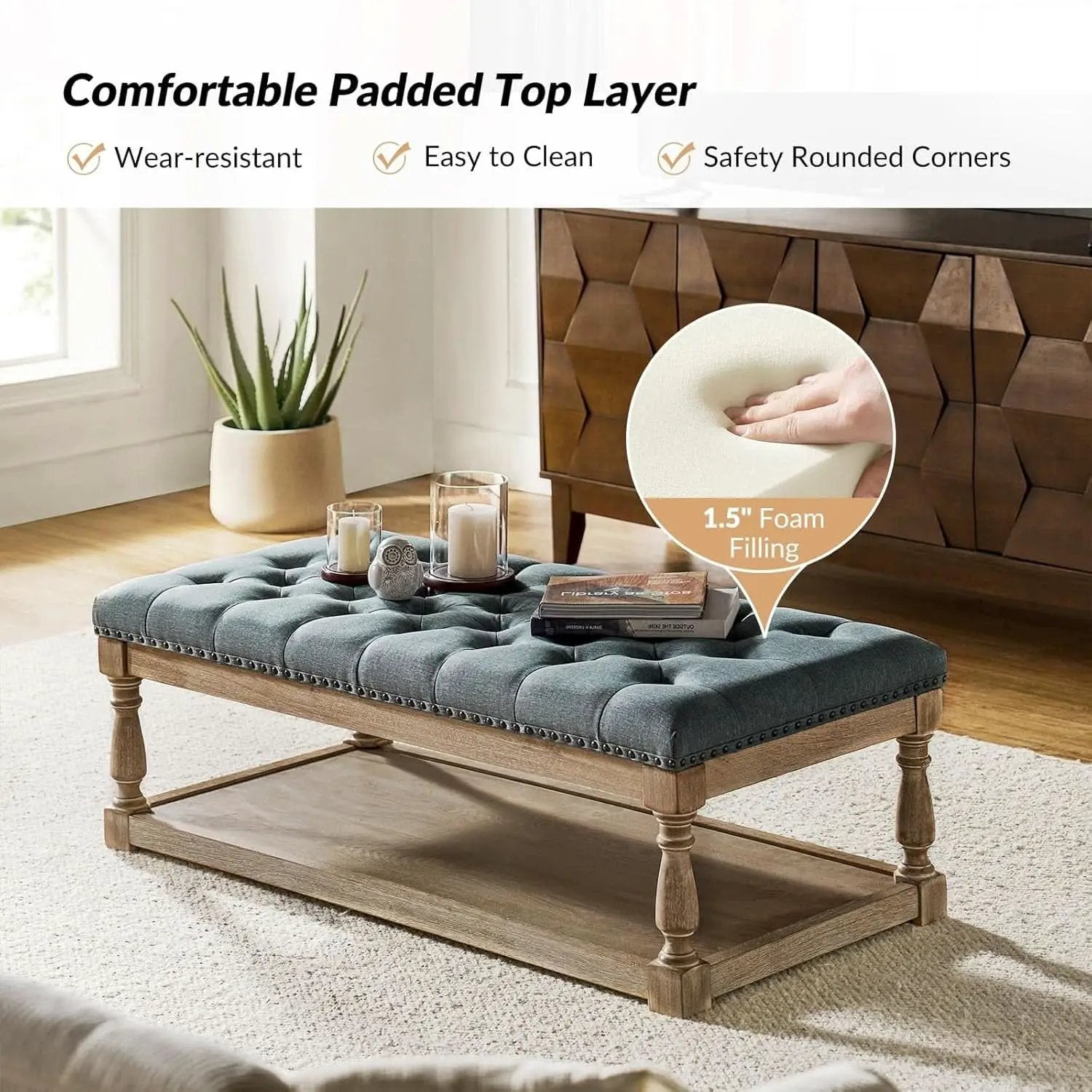 Blue Rectangular Upholstered Ottoman Coffee Table Tray from PriceLows™