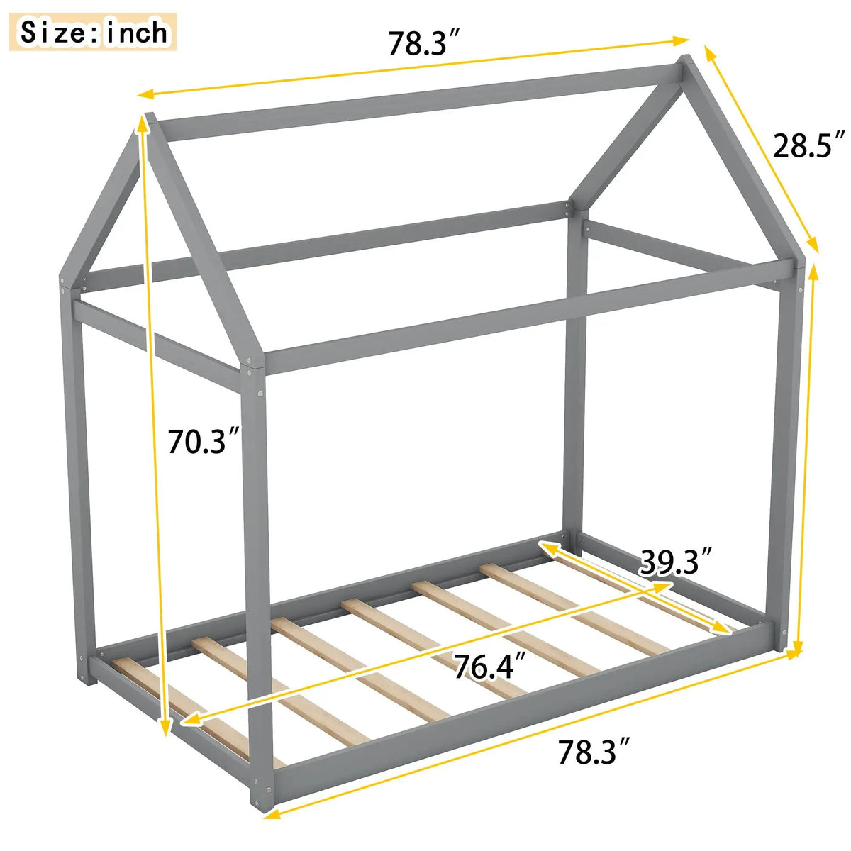 Wooden House Shaped Bed | Roof-Like Structure | Low Profile Design | 78.3 Inch Length