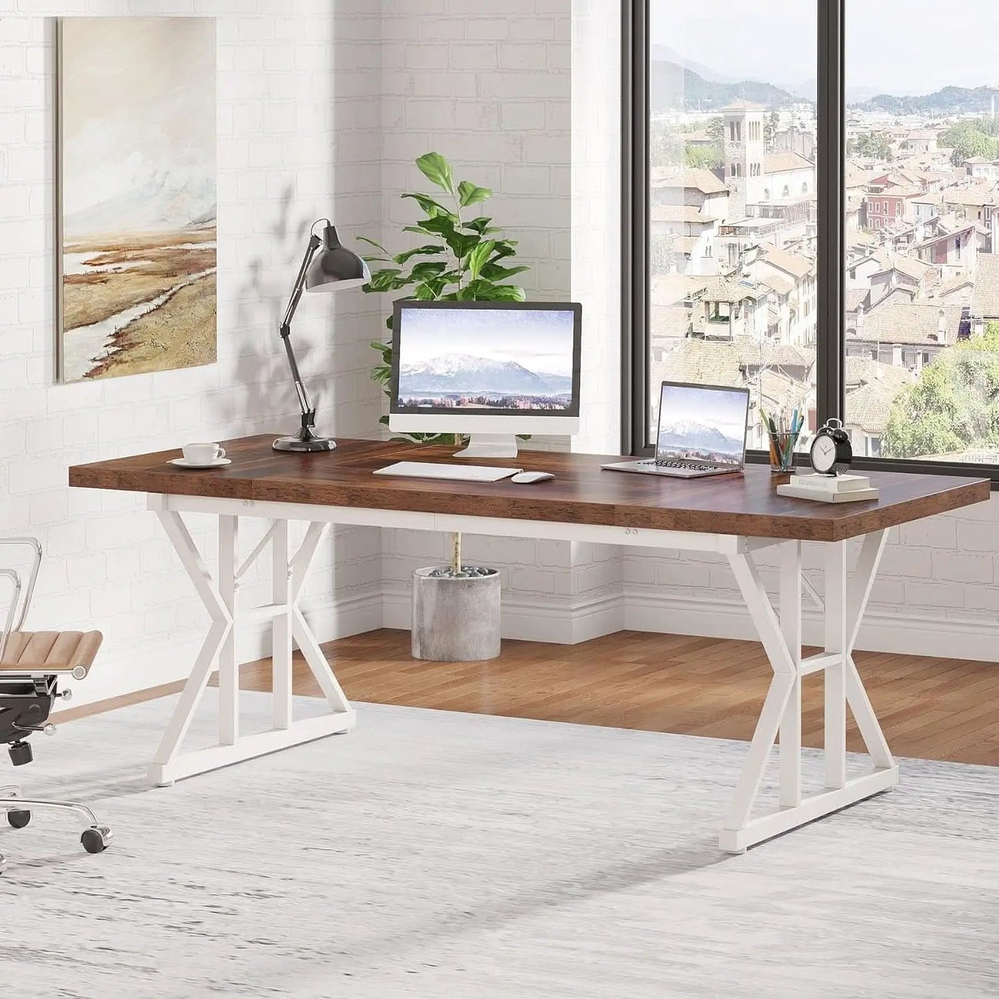 70.8 Inch Executive Desk Brown White Home Office Desk from PriceLows™