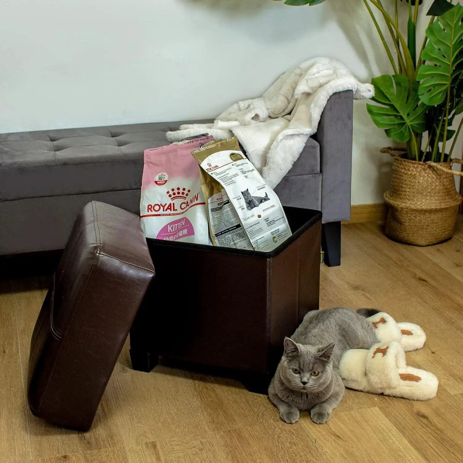 Brown PU Leather Storage Ottoman Featuring CushionedTop from PriceLows™