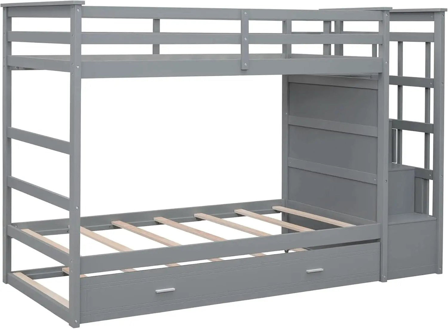 Natural Gray Twin Bunk Bed With Trundle And Stairs from PriceLows™