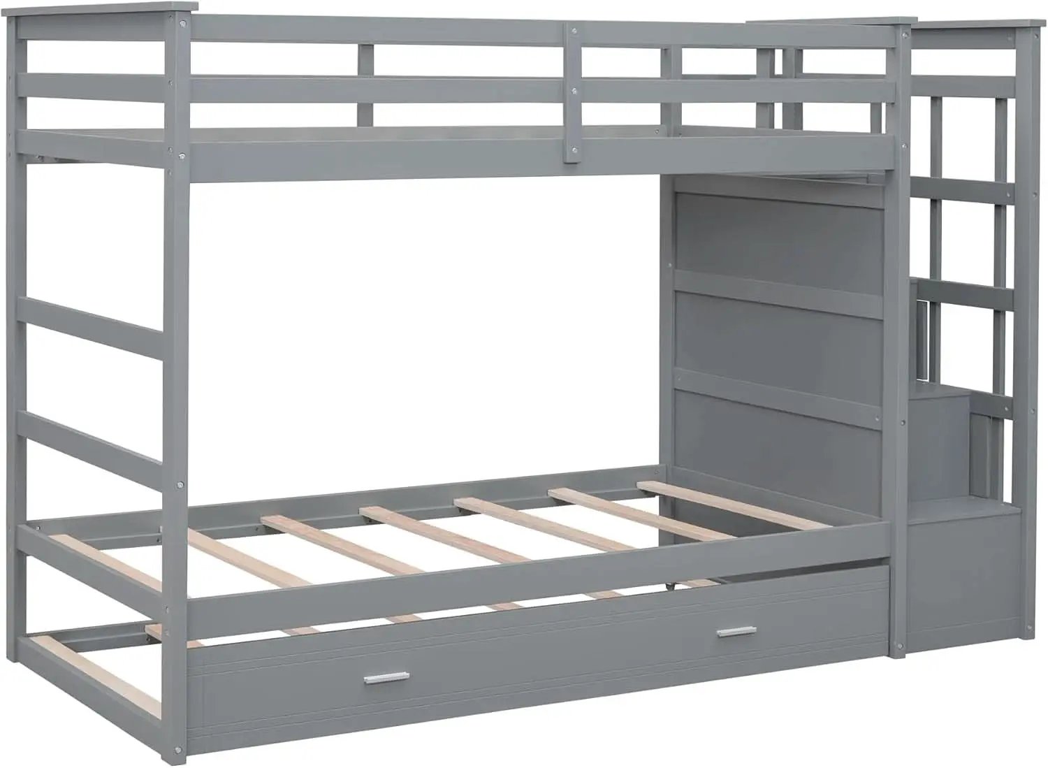 Natural Gray Twin Bunk Bed With Trundle And Stairs from PriceLows™