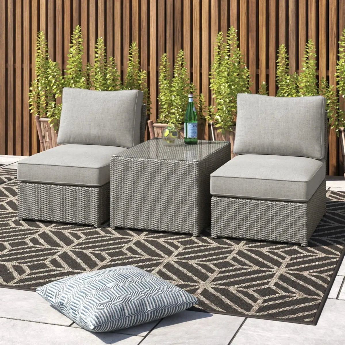 Modern Wicker Outdoor Seating Set | 3-Piece | Glass-Top Coffee Table | 5 Inch Cushions