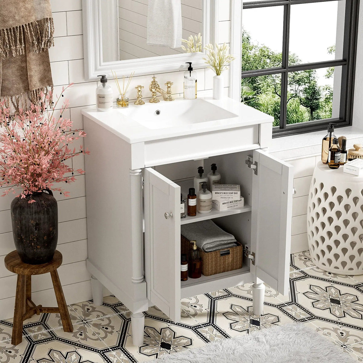 24 Inch Bathroom Vanity With Top Sink | 2 Tier Storage Cabinet | Retro Metal Handles | Soft-Closing Hinges