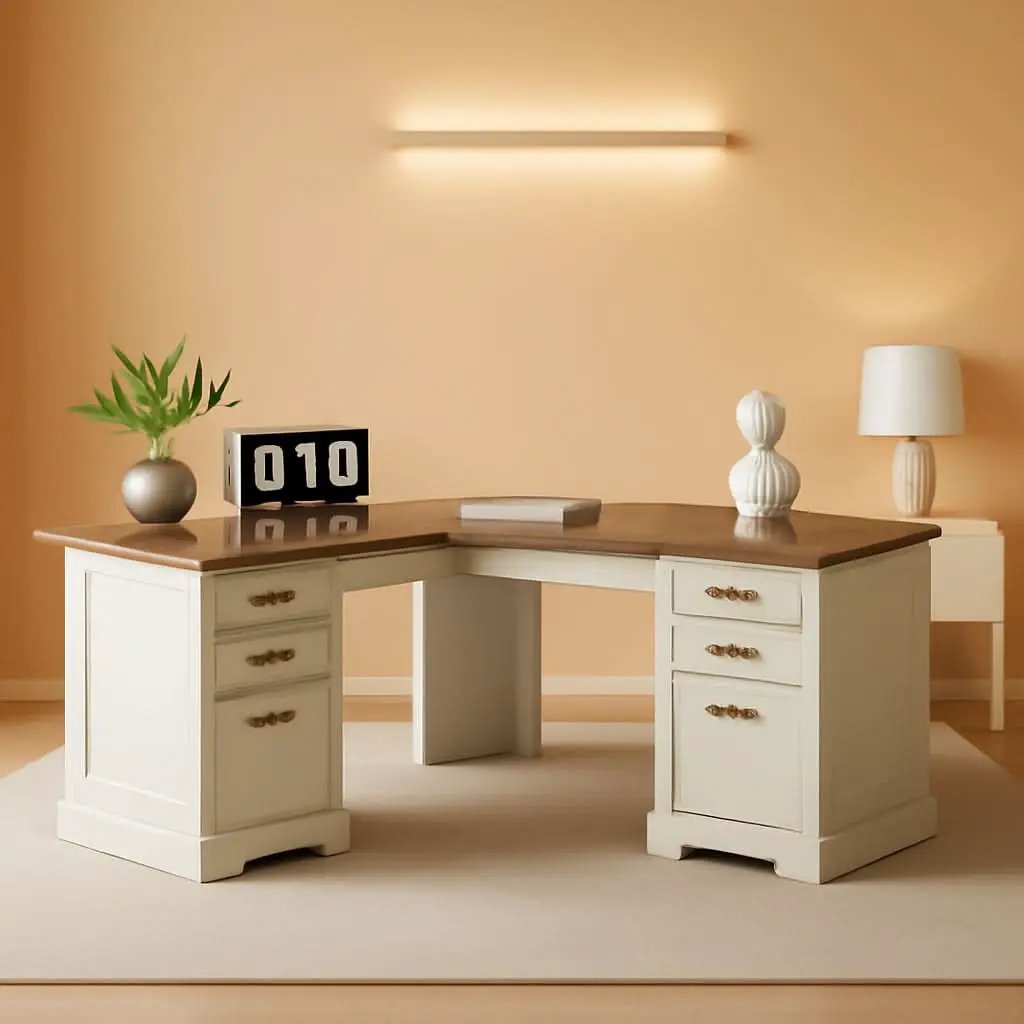 60 Inch Farmhouse L Shaped Desk Antique White With Drawers from PriceLows™