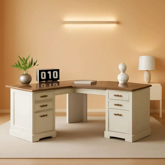 60 Inch Farmhouse L Shaped Desk Antique White With Drawers from PriceLows™