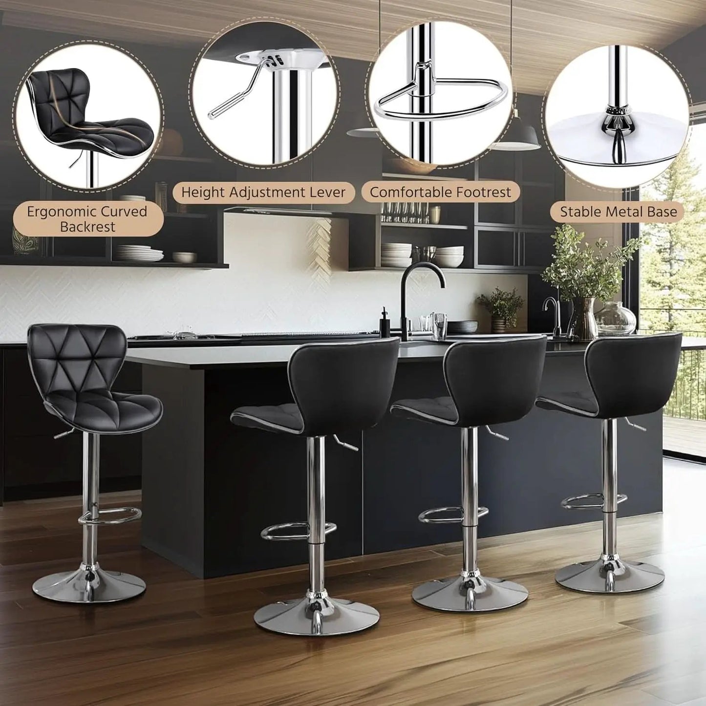 Adjustable Bar Stools Set Of 2 In Black PU Leather from PriceLows™