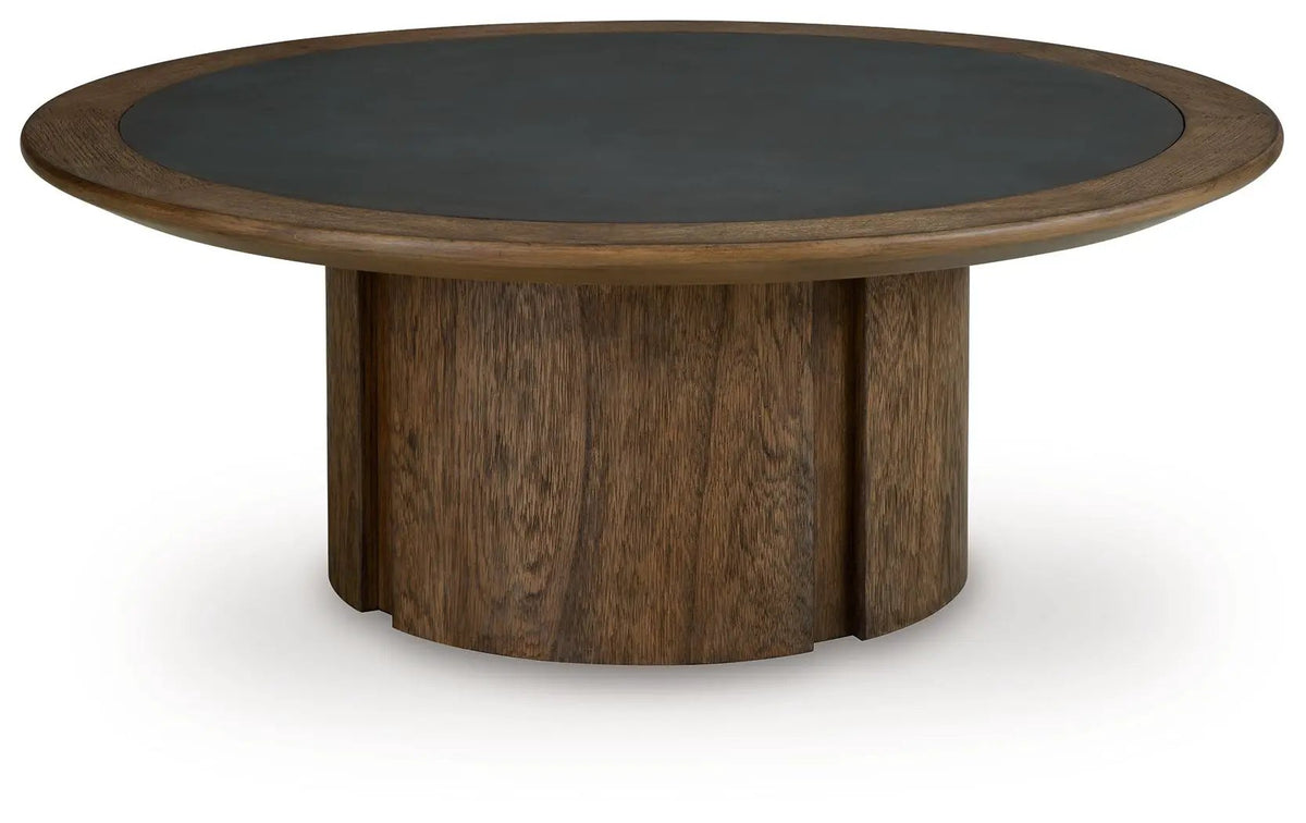 Dontayne Round End Table | Faux Cement Top | Warm Wood-Tone Finish | 24 Inch Diameter