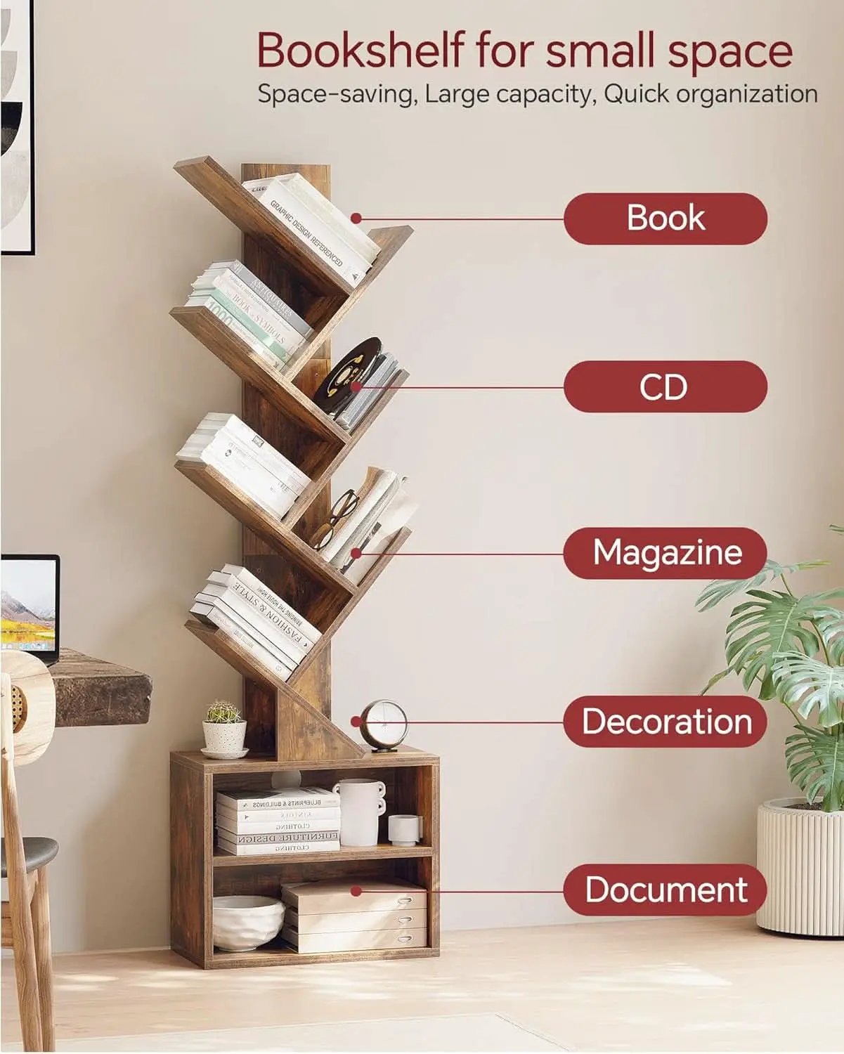 6 Tier Tree Bookshelf With Cabinet Rustic Brown Modern from PriceLows™