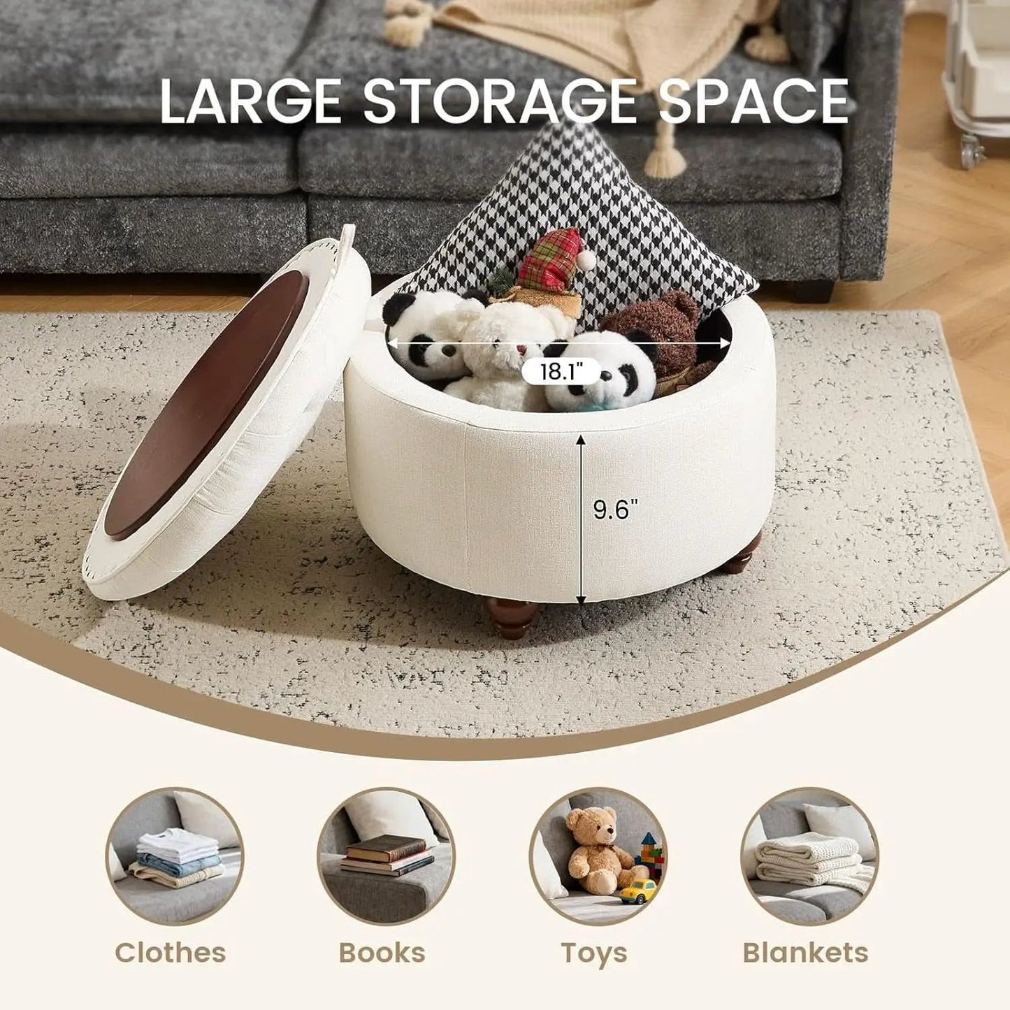 24 Inch Round Beige Storage Ottoman Removable TopWith Storage from PriceLows™