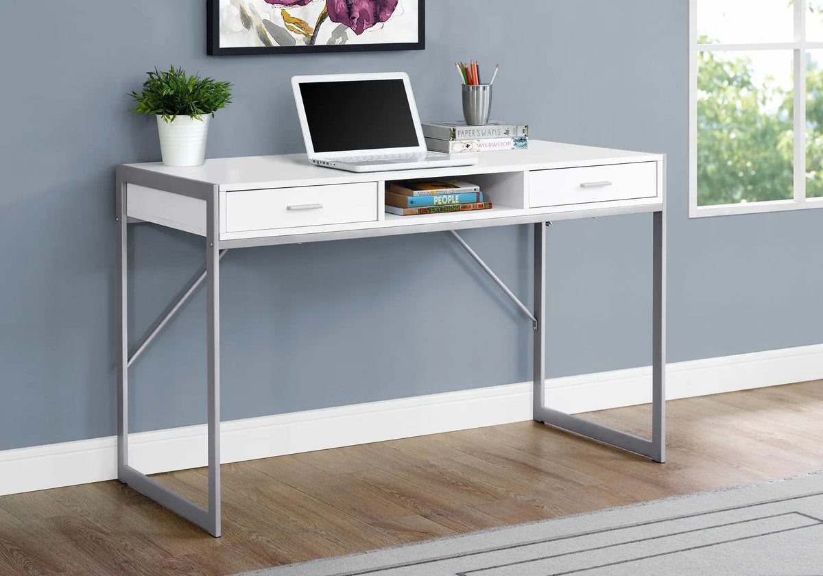 Computer Desk | Two Storage Drawers | Open Shelf | Square Metal Legs