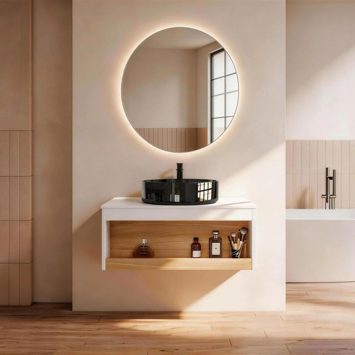 Wall Mounted Bathroom Vanity | Vessel Sink | Open Shelf Storage