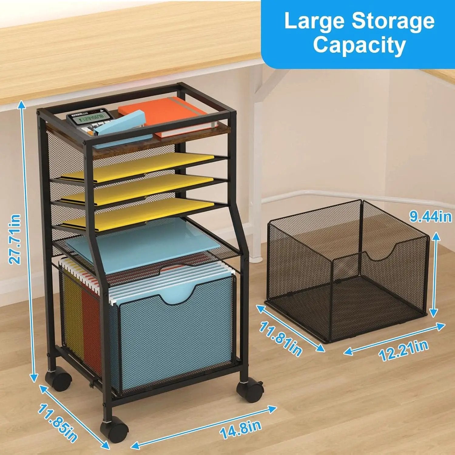Brown Wood 6 Tier Rolling File Cart With Lockable Wheels from PriceLows™