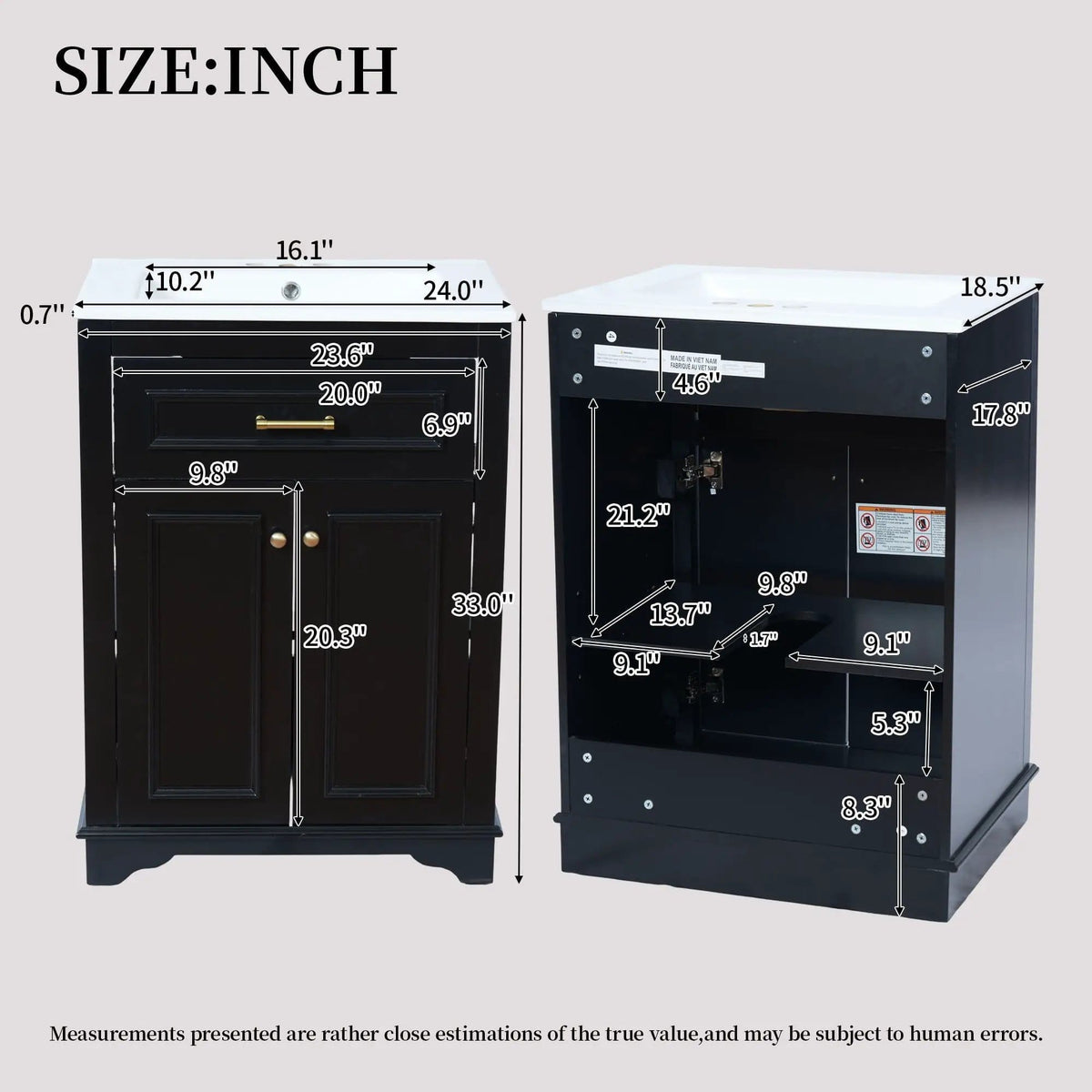 Bathroom Vanity With Integrated Sink, 2 Door Cabinet With Tip Out Drawer | 3 Pieces | Solid Wood & Iron | Bathroom