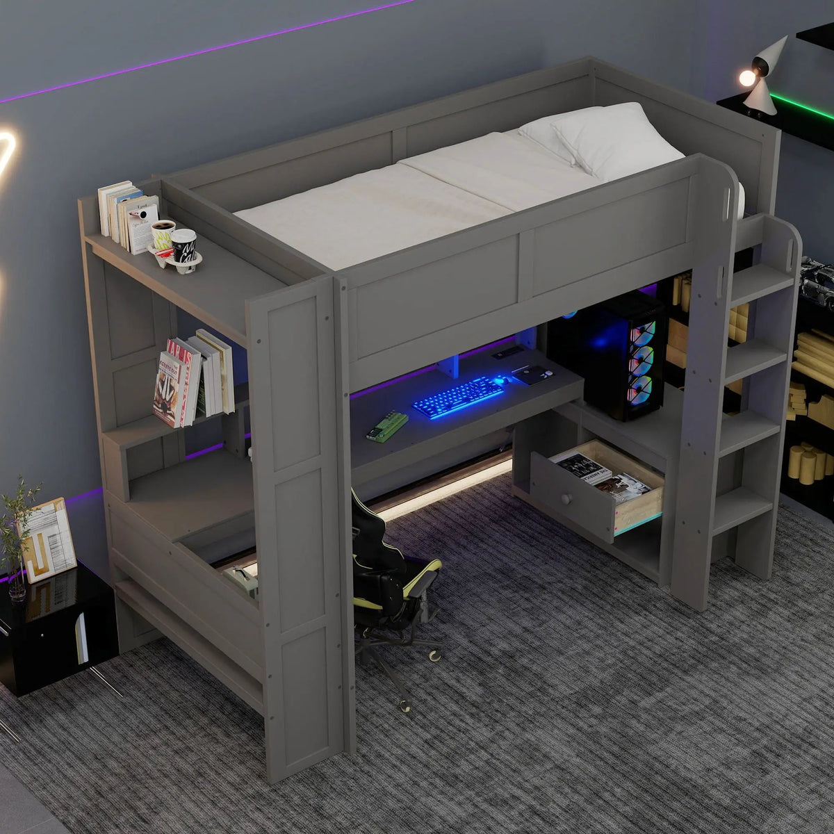 Gaming Loft Bed With Desk | Multi Storage Shelves | LED Lights | Charging Station