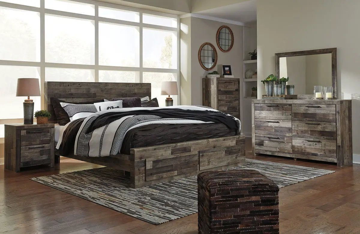 Derekson Panel Bedroom Set | 4-Piece | Rustic Butcher Block Finish | Replicated Pine Grain
