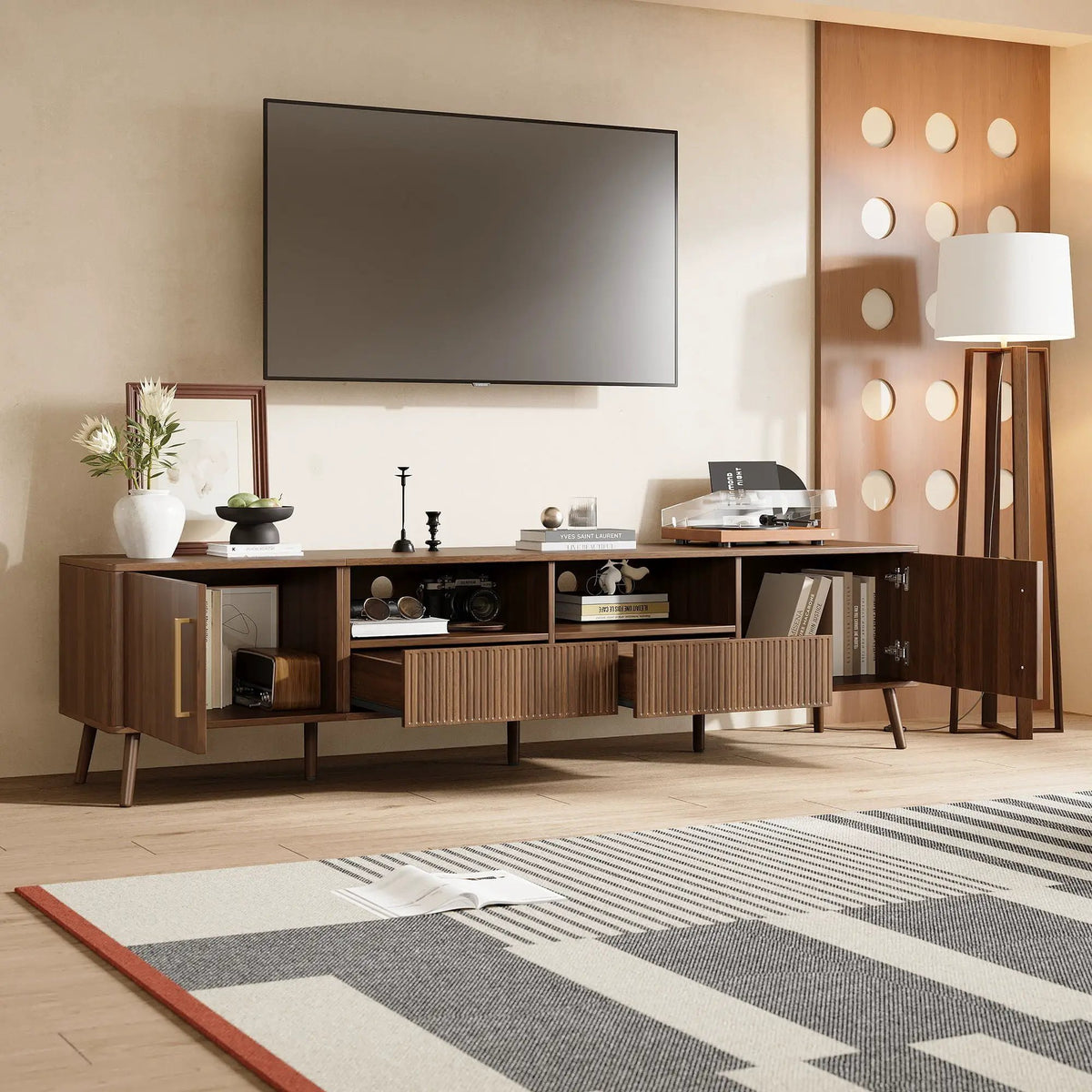 TV Stand | Soft Close Doors | 85 Inch Capacity | Walnut