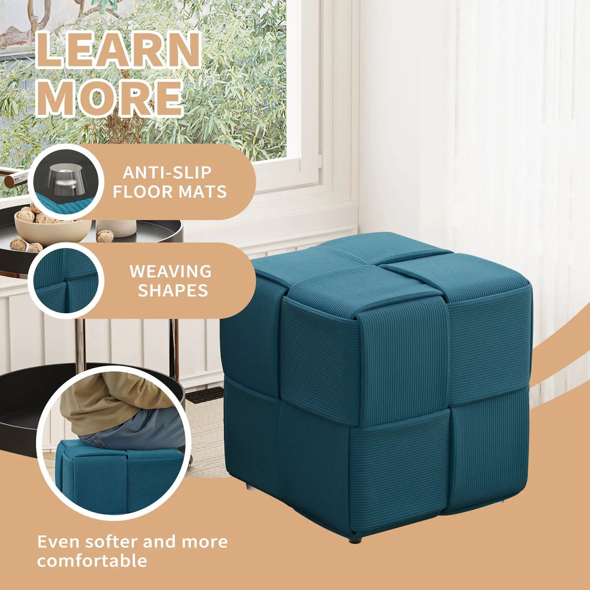 Modern Ottoman Foot Rest | Woven Design | Engineered Wood Frame | 14.2 Inch Cube