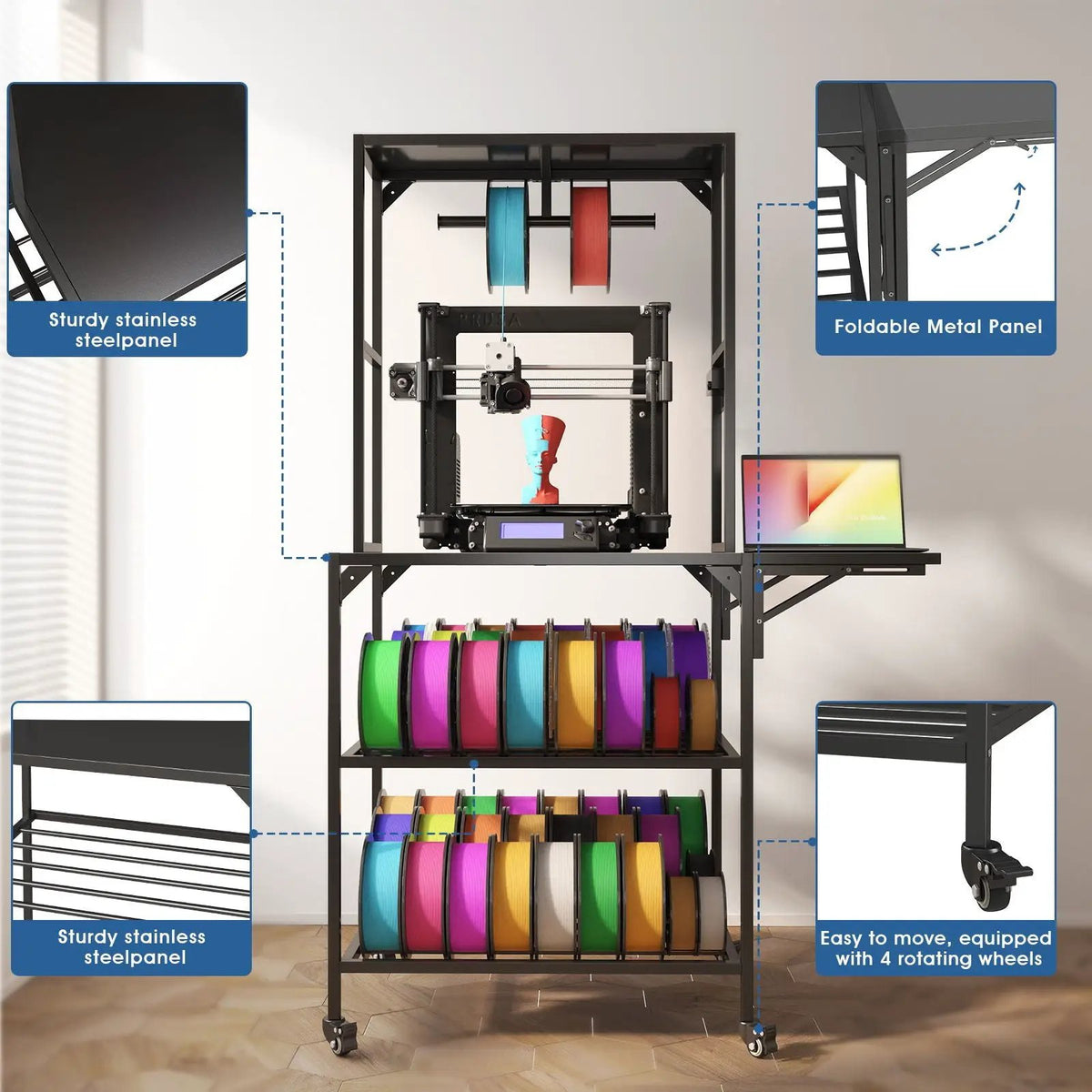 Heavy Duty 3D Printer Stand | Filament Storage Rack | Holds 54 Spools | Black Metal