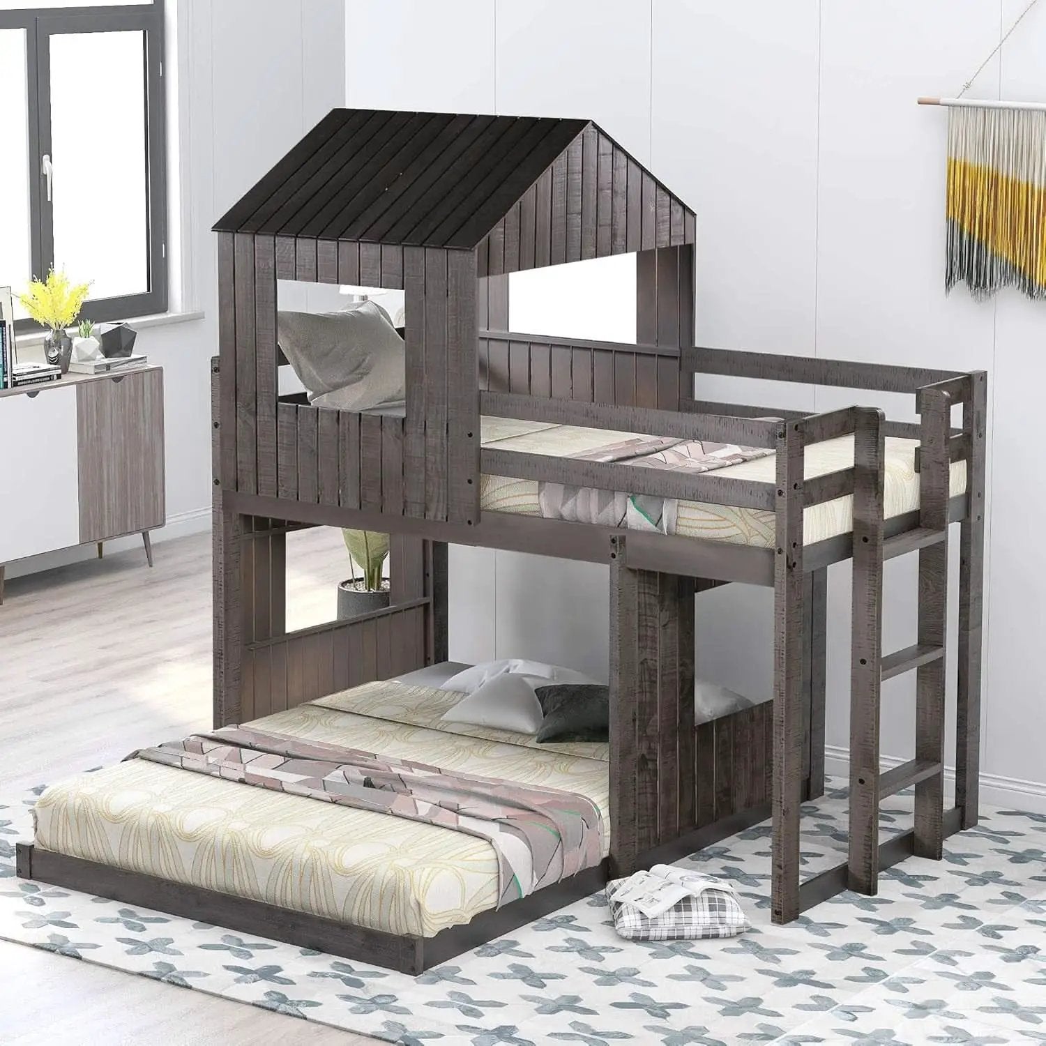 House Bunk Beds Twin Over Full Wood Distressed Grey from PriceLows™