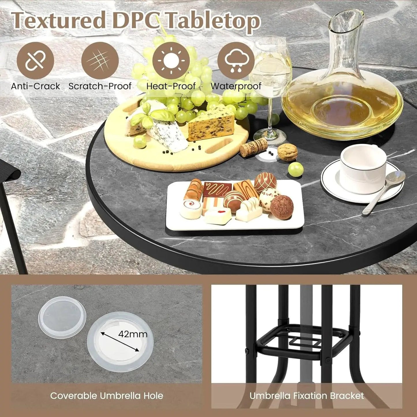 Patio Table And Chairs Set 3 Piece With DPC Tabletop And Folding Counter Height Chairs from PriceLows™