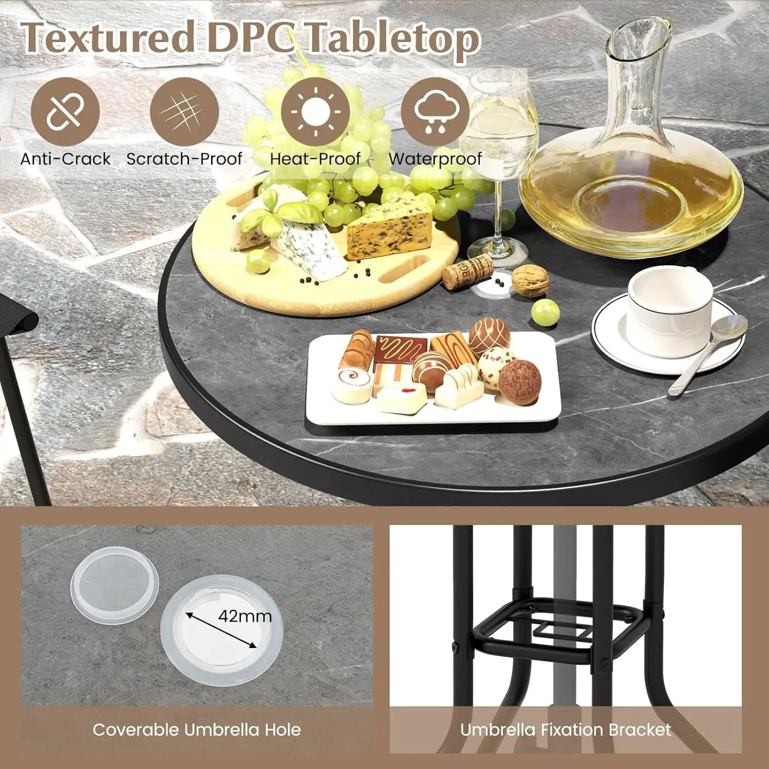 Patio Table And Chairs Set 3 Piece With DPC Tabletop And Folding Counter Height Chairs from PriceLows™