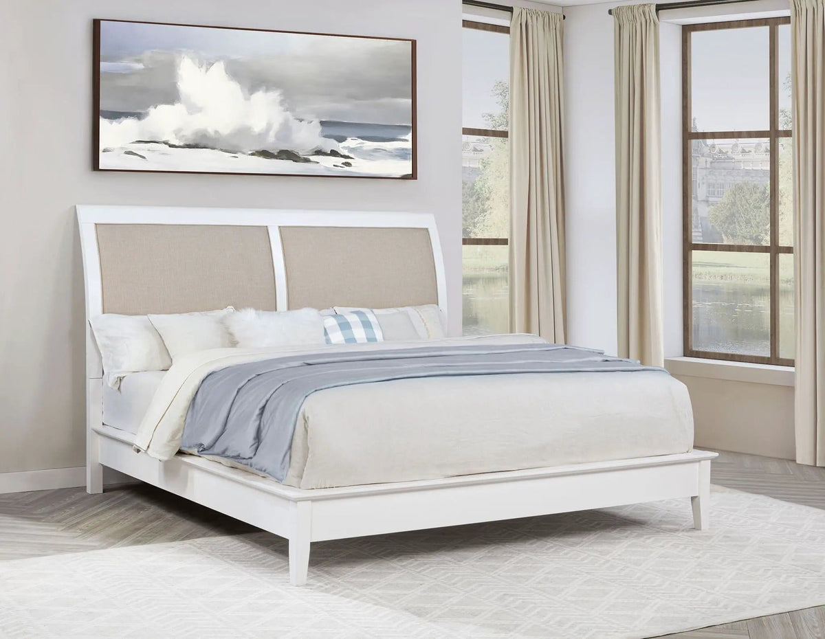 Bexhill 56-inch Upholstered Eastern King Panel Bed | 83.75 x 92.5 x 57 in | Linen & Fabric | White
